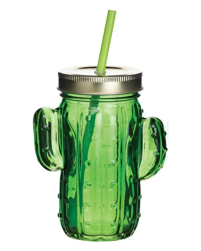 BarCraft Cactus Drinks Jar with Straw Green Glass, 400 ml