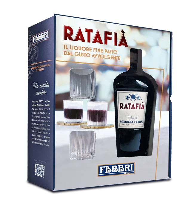 LIQUORE FABBRI RATAFIA ITA + BICCHIERI ELISIR DI AMARENA