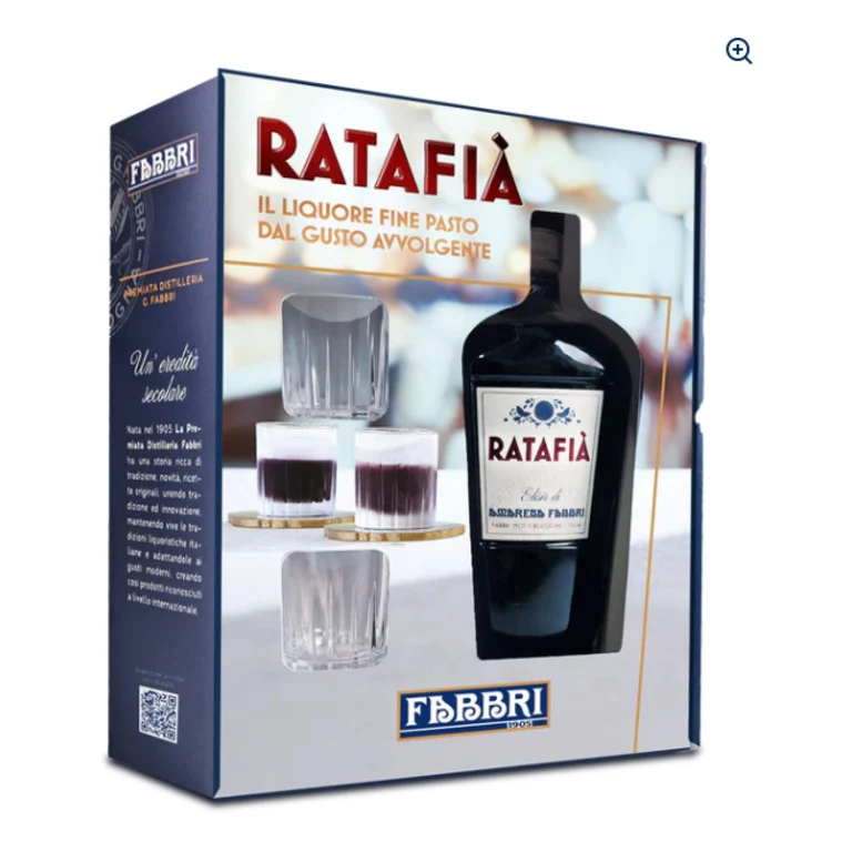 LIQUORE FABBRI RATAFIA ITA + BICCHIERI ELISIR DI AMARENA