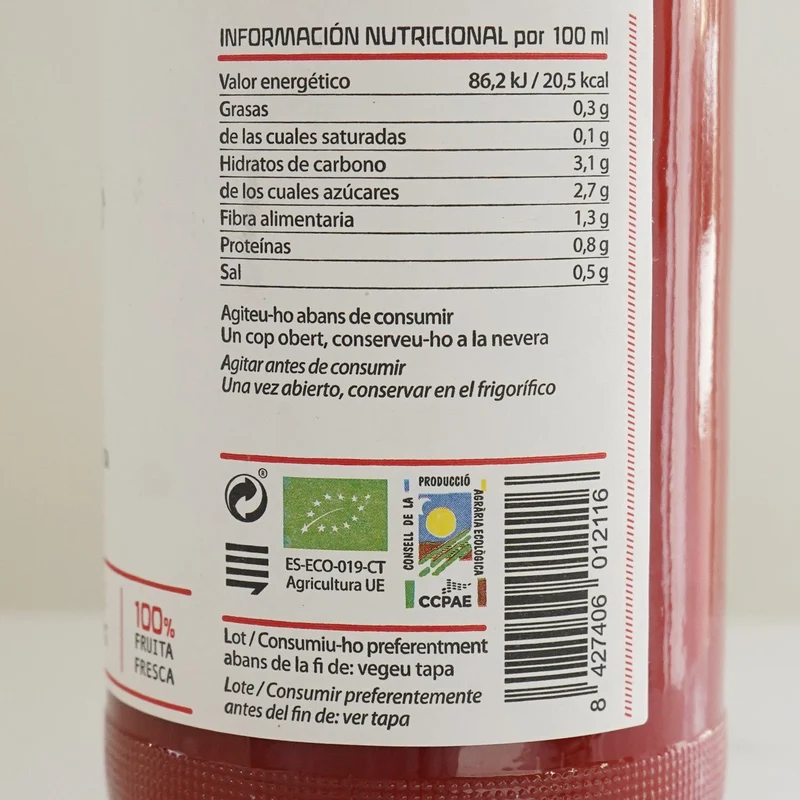 Zumo de tomate ecológico