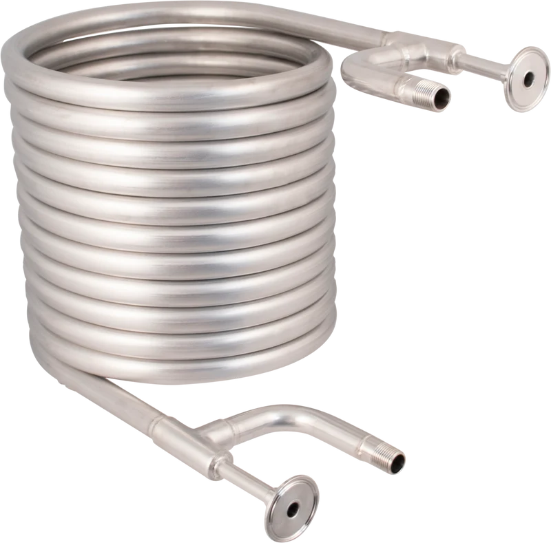 Convoluted counterflow chiller (1.5" Tri-clamp fittings, 1/2" BSP/NPT water hose connections)