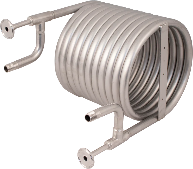 Convoluted counterflow chiller (1.5" Tri-clamp fittings, 1/2" BSP/NPT water hose connections)