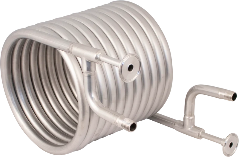 Convoluted counterflow chiller (1.5" Tri-clamp fittings, 1/2" BSP/NPT water hose connections)