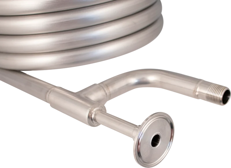 Convoluted counterflow chiller (1.5" Tri-clamp fittings, 1/2" BSP/NPT water hose connections)