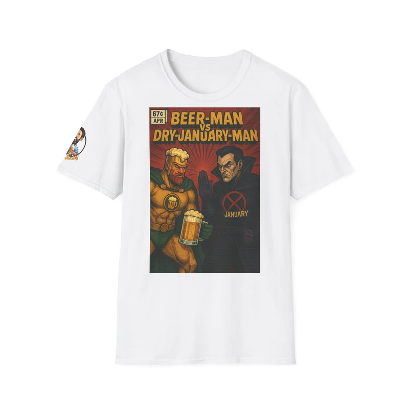 Unisex Softstyle T-Shirt - Beer-Man vs. Dry-January-Man ComicCover