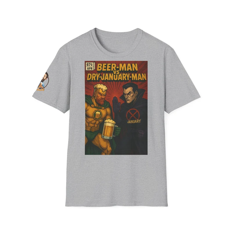 Unisex Softstyle T-Shirt - Beer-Man vs. Dry-January-Man ComicCover