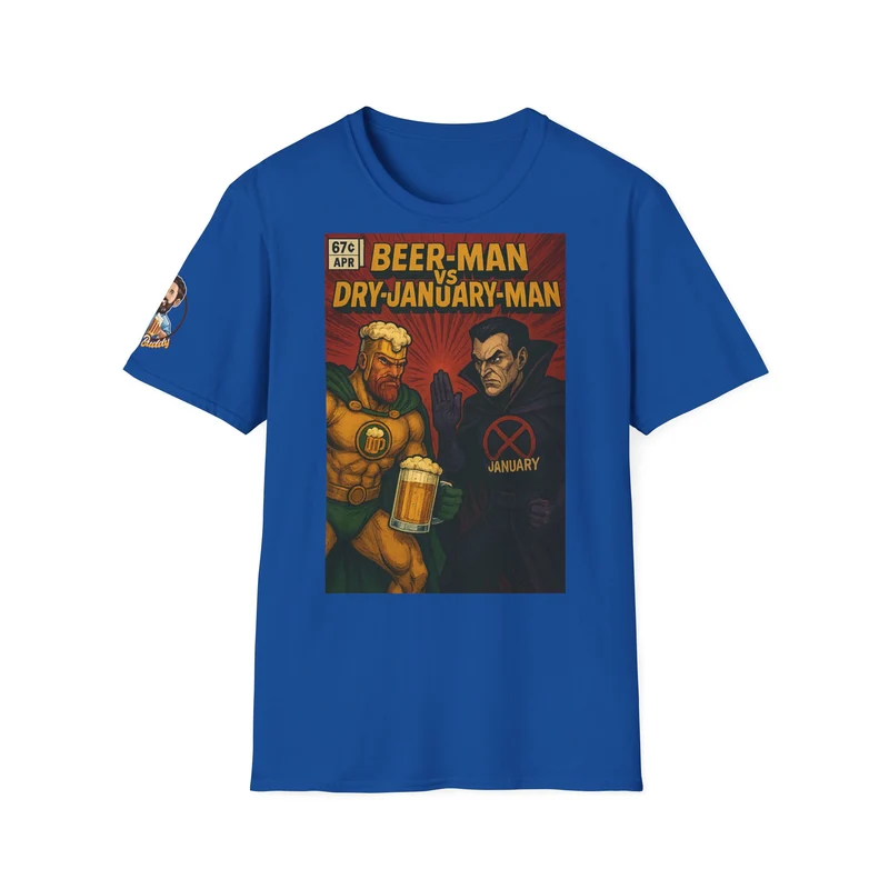 Unisex Softstyle T-Shirt - Beer-Man vs. Dry-January-Man ComicCover