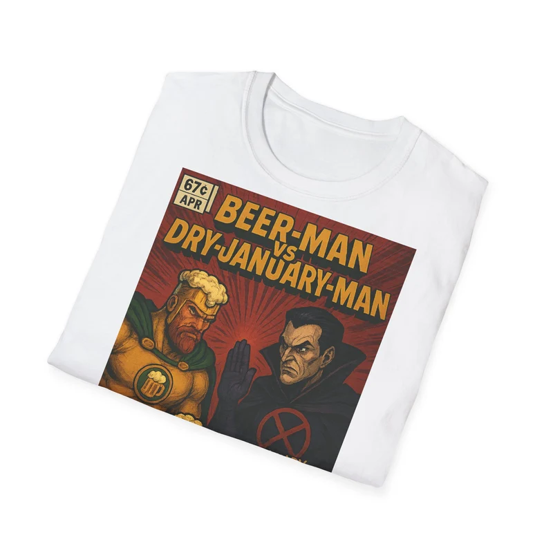 Unisex Softstyle T-Shirt - Beer-Man vs. Dry-January-Man ComicCover
