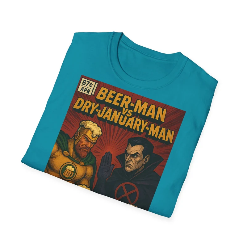 Unisex Softstyle T-Shirt - Beer-Man vs. Dry-January-Man ComicCover