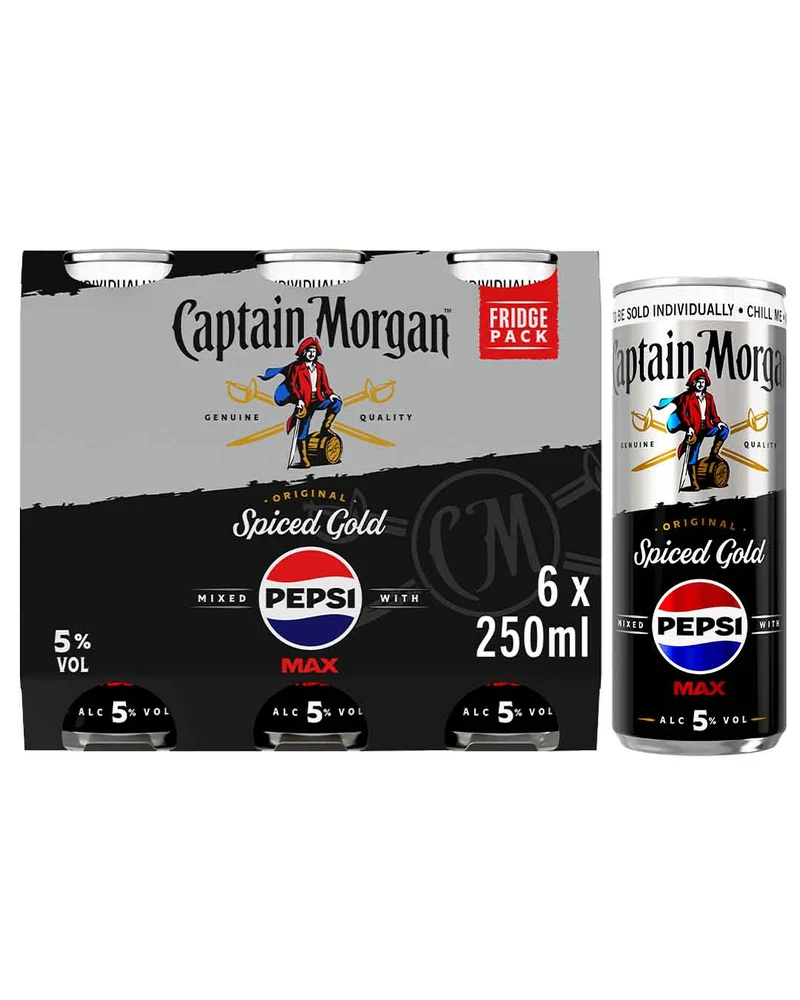 Captain Morgan Spiced & Pepsi Max Premixed Cocktail Can Multipack, 6 x 250 ml