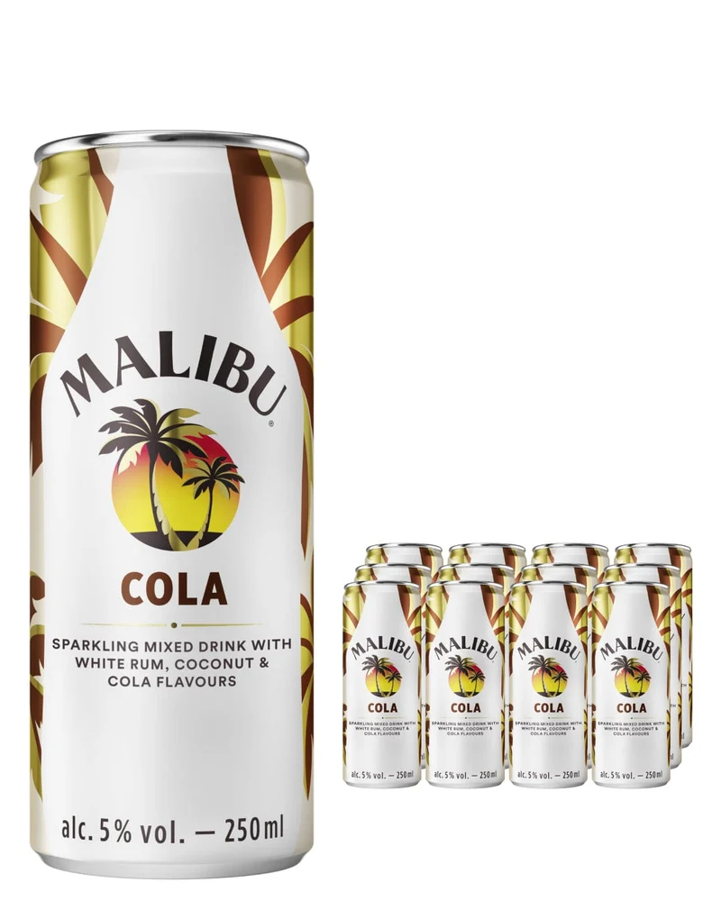 Malibu Coconut Rum & Cola Pre-Mixed Can Multipack, 12 x 250 ml