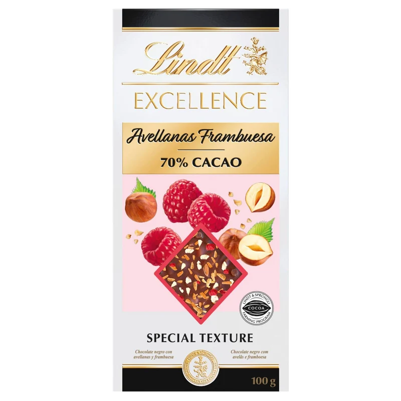 Lindt Excellence 70% Cocoa Raspberry and Hazelnut Dark Chocolate 100g