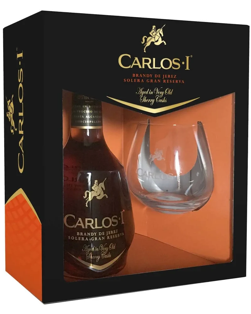 Carlos I Brandy De jerez Solera Gran Reserva Gift Pack with Glass, 1 L