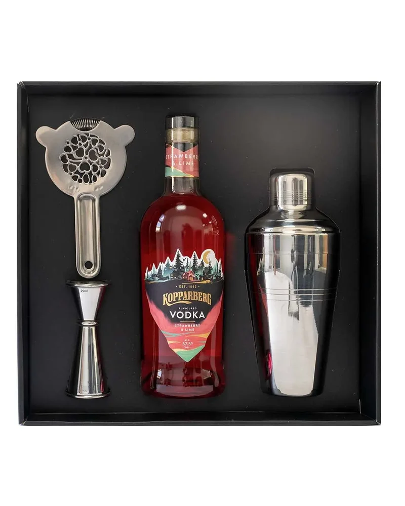 Kopparberg Strawberry & Lime Vodka, 70 cl & 3 Piece Cocktail Gift Box