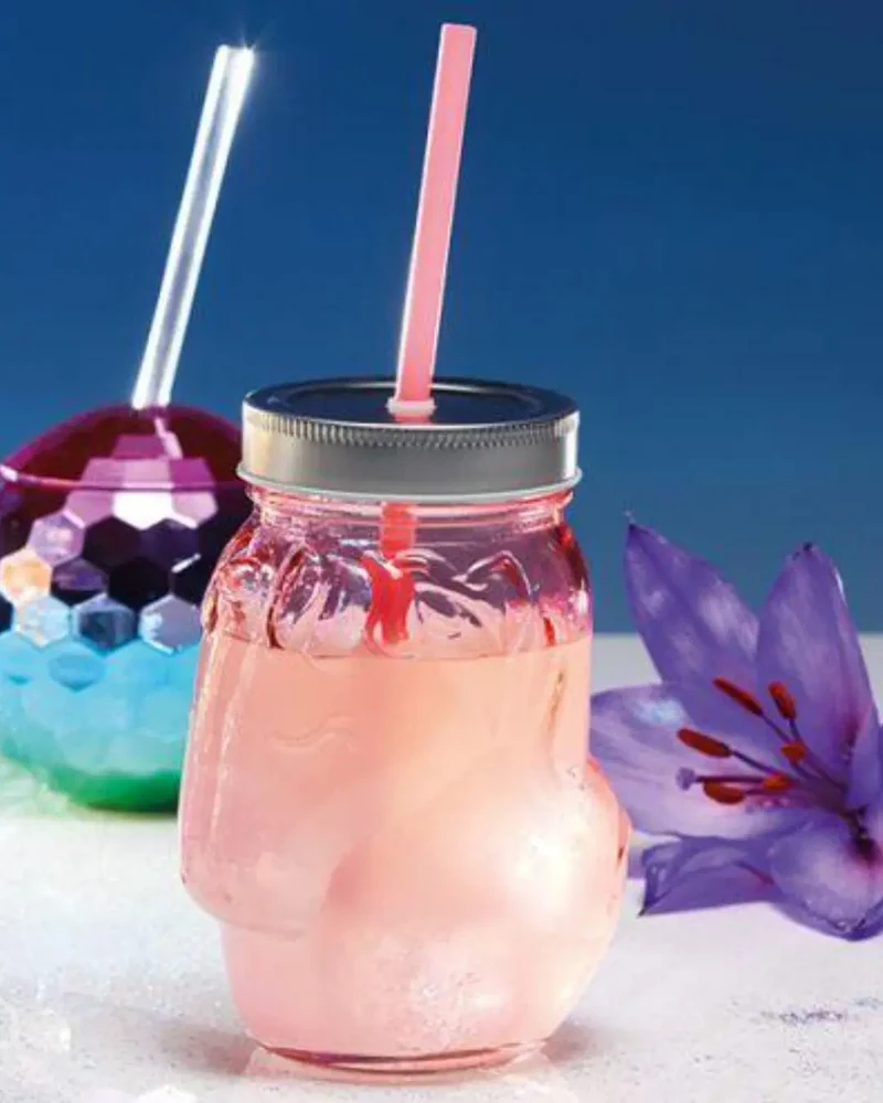 BarCraft Unicorn Drinks Jar with Straw Pink Glass, 500 ml