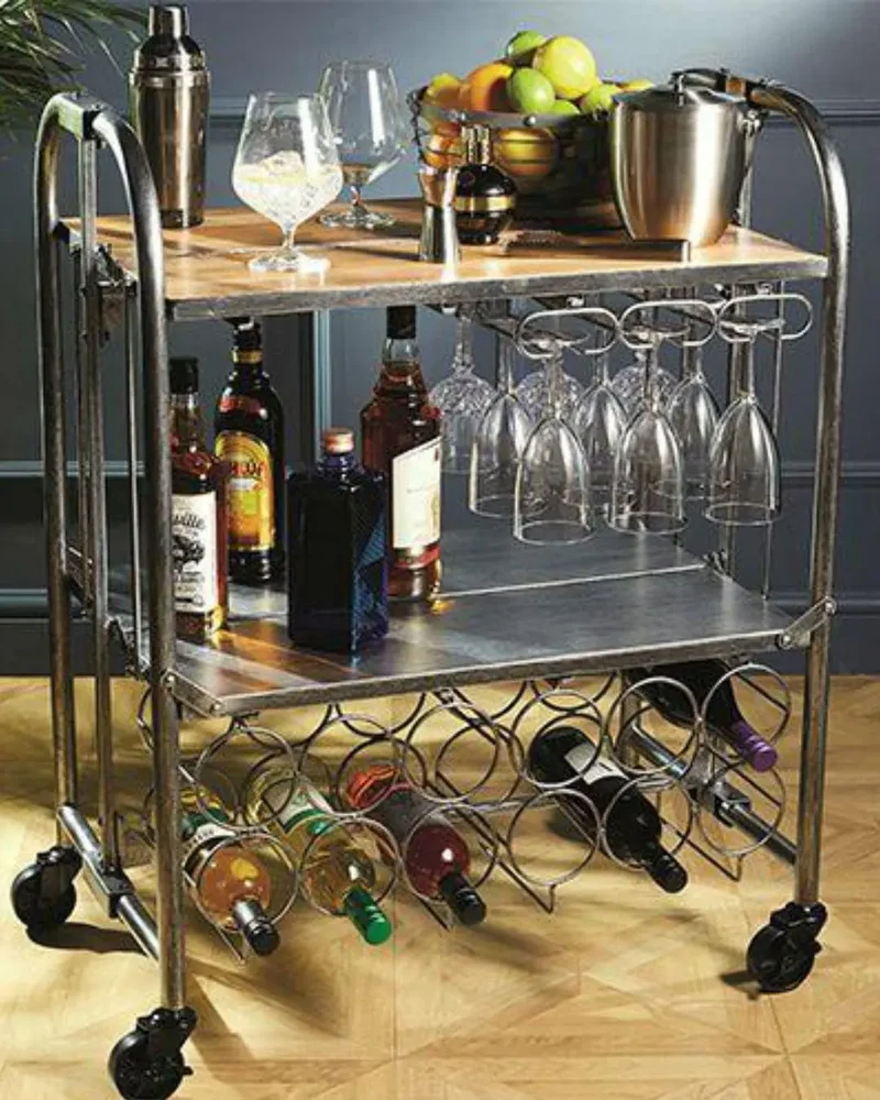 BarCraft Folding Industrial Look Carbon Steel Home Bar Drinks Trolley